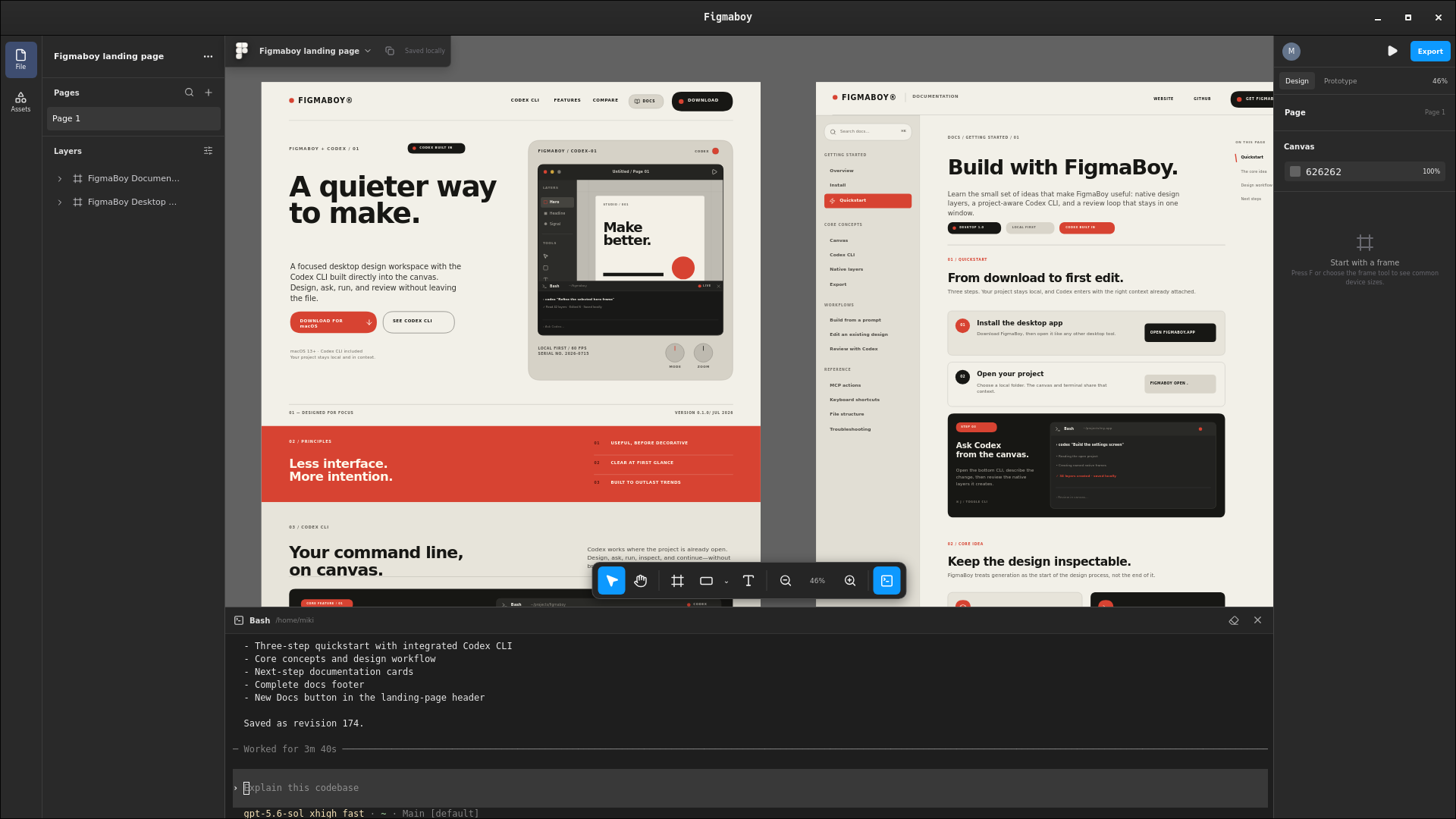 The Figmaboy desktop app showing the landing page and documentation designs with Codex in its embedded terminal